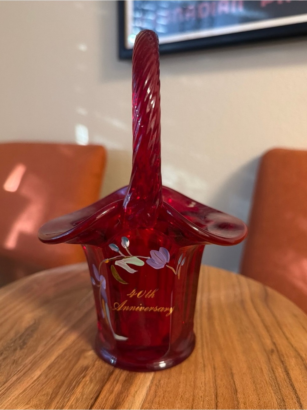 Fenton Ruby Red Glass Basket with Hand-Painted Floral Accents Anniversary signed